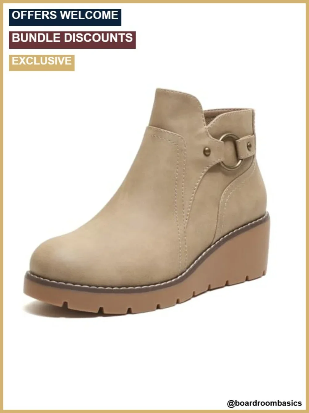 Wedge Ankle Boots Chunky Low Heel Comfortable Short Booties Round Toe with Side